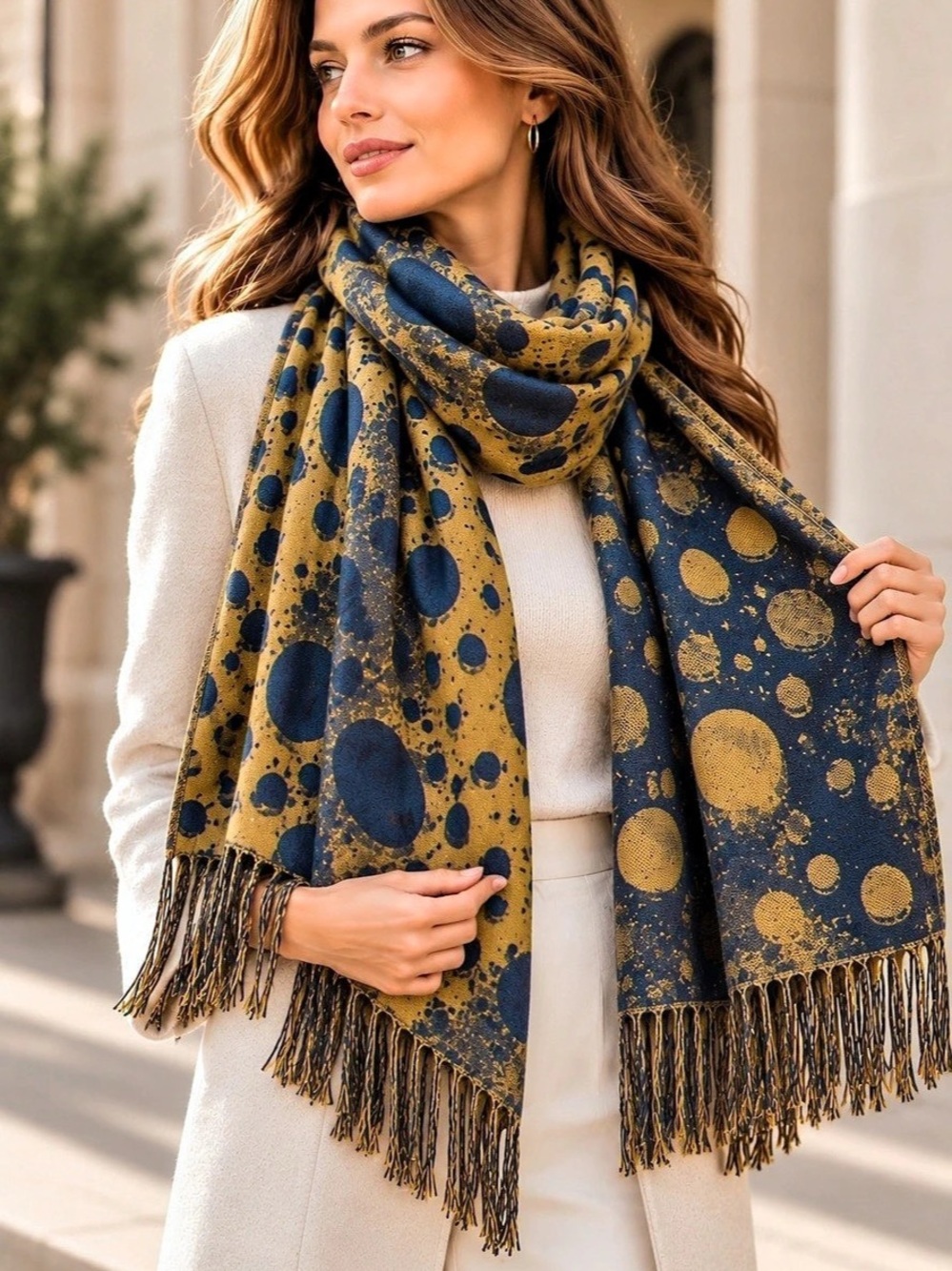 100% Pashmina Polka Dot Scarf in Brown & Blue
